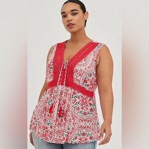 TORRID Red Floral Babydoll Bohemian Summer Sleeveless Top Size 0/L
